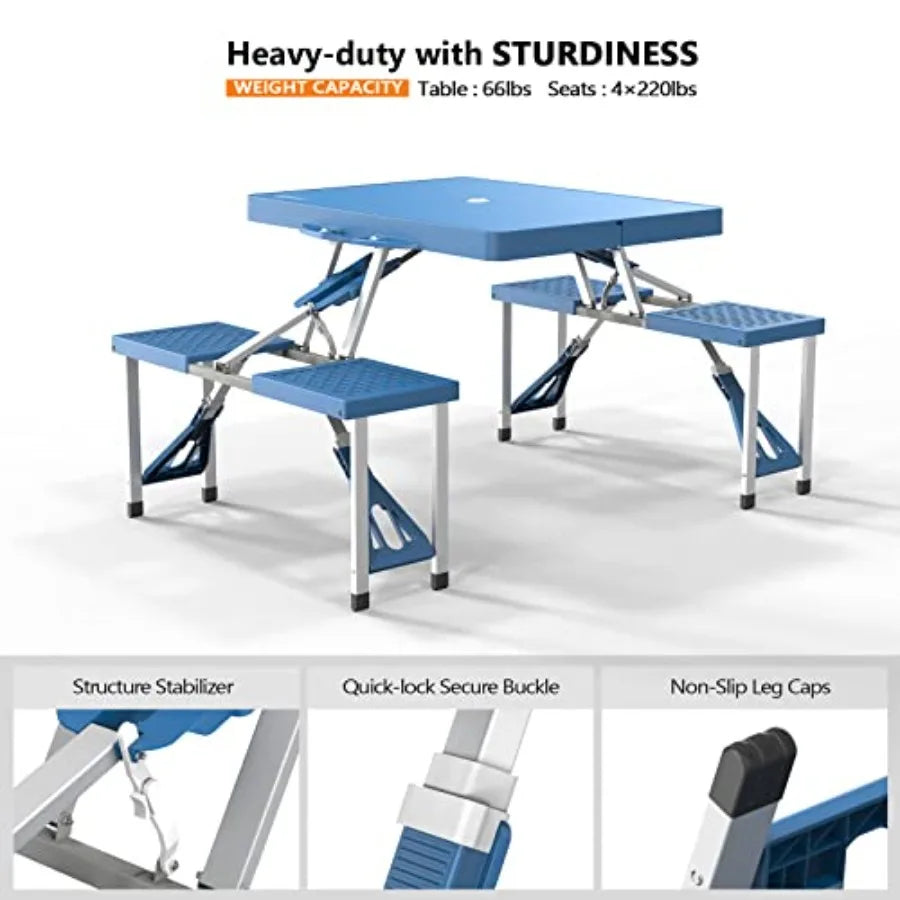 4 Ft Camping Picnic Table Set with 4 Seats, Umbrella Hole, Folding Lightweight Aluminum Frame Plastic Tabletop, Beige, 220 Lbs