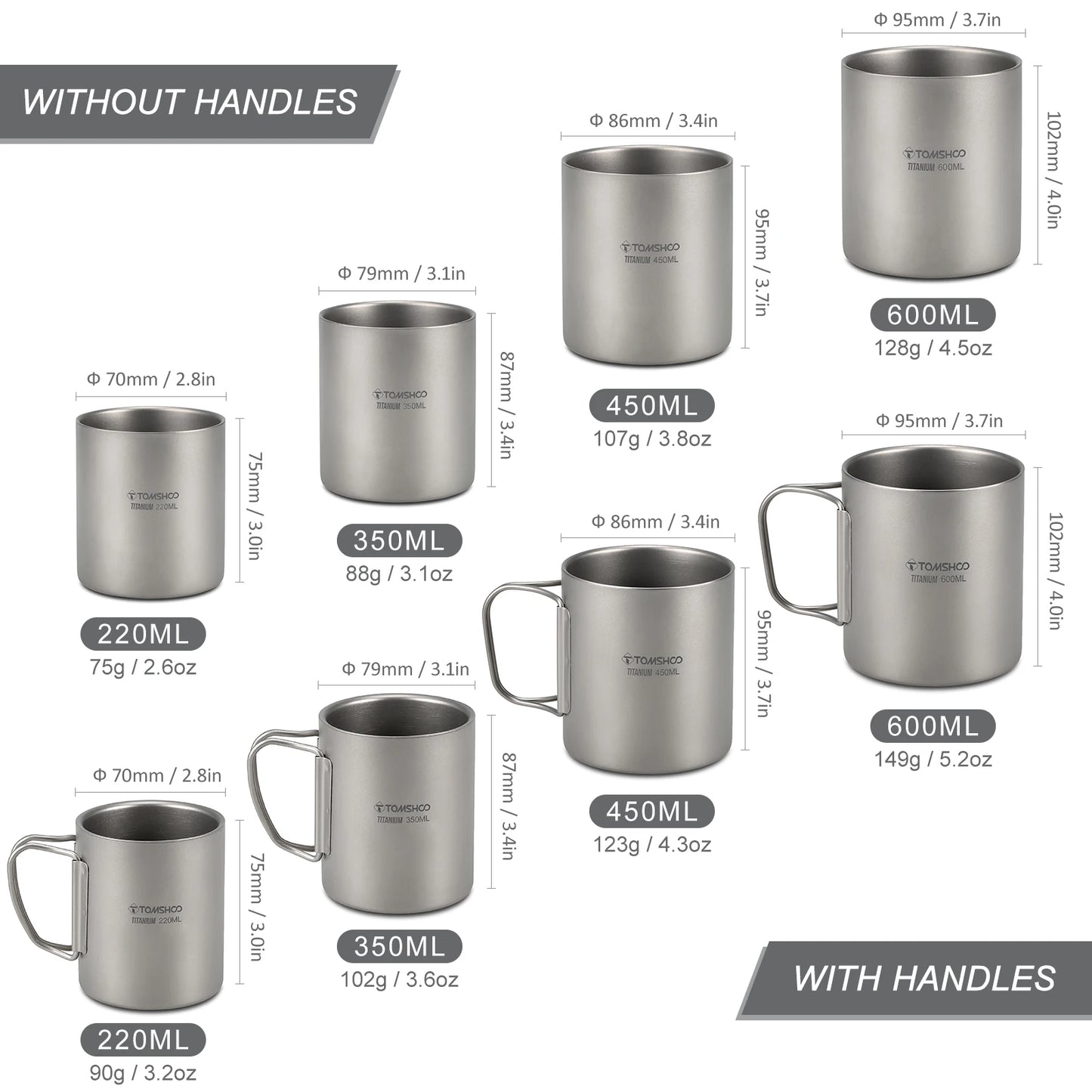 Tomshoo 220/350/450/600ml Double Layer Titanium Water Cup Coffee Tea Mug for Home Outdoor Camping Hiking Backpacking Picnic