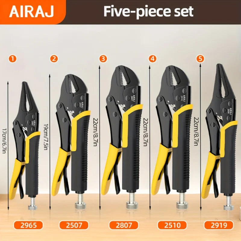 5 Pcs AIRAJ Locking Pliers Set Quick Release Curved Mouth Versatile Tool for Strong Clamping Twisting Metal Bend - Powerful Pliers for DIY And Professional Use