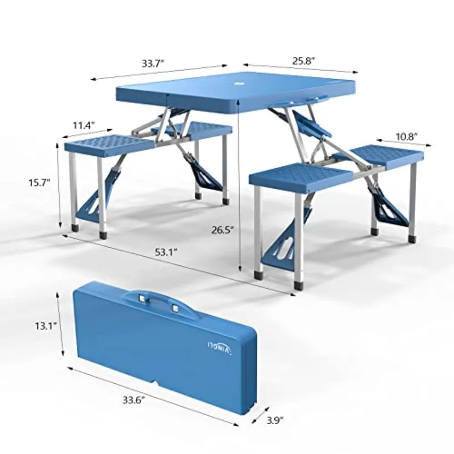 4 Ft Camping Picnic Table Set with 4 Seats, Umbrella Hole, Folding Lightweight Aluminum Frame Plastic Tabletop, Beige, 220 Lbs