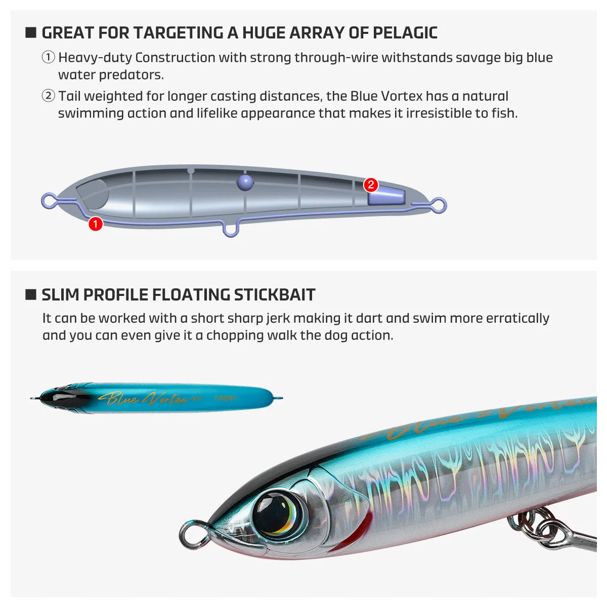Noeby Blue Vortex Floating Stickbait Fishing Lure 160mm 46g Artificial Hard Bait for GT Tuna Kingfish Saltwater Fishing Lure