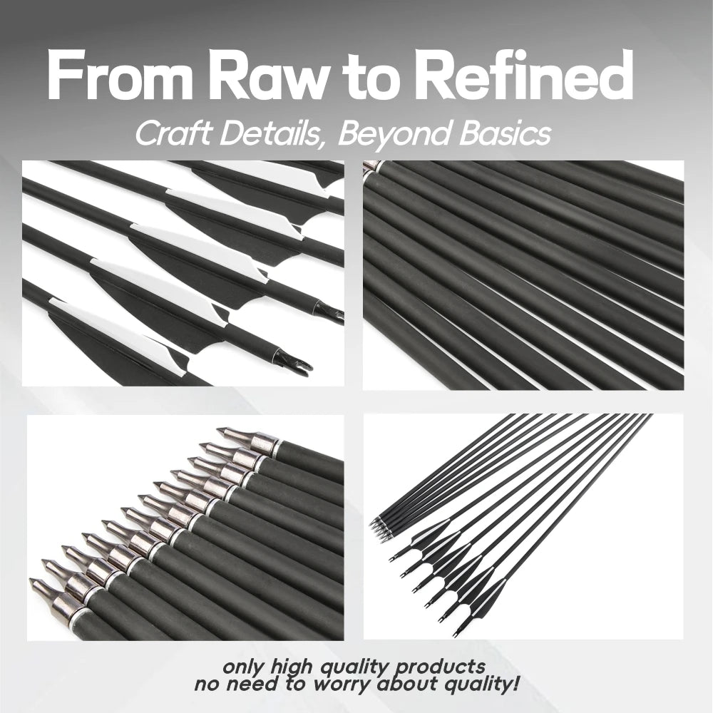 Mixed Carbon Arrows 12pcs 30/31.7 Inch Spine 500 with 3" Rubber Vanes 100 Grain Tips for Compound Recurve Bow Hunting Shooting Practice