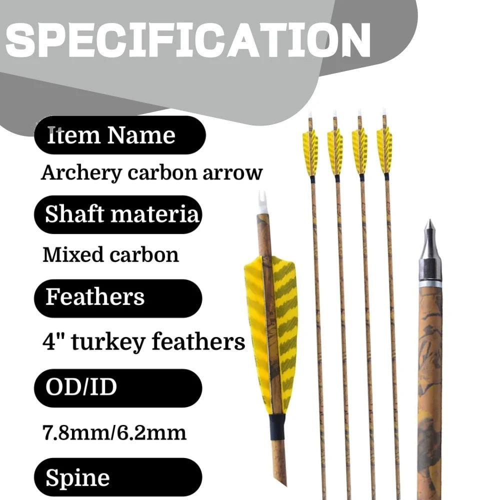 Mixed Carbon Arrows 31.5 Inch Spine 500 Camo Color ID6.2mm 100 Grain Tips with Turkey Feathers for Compound Recurve Bow Hunting Shooting