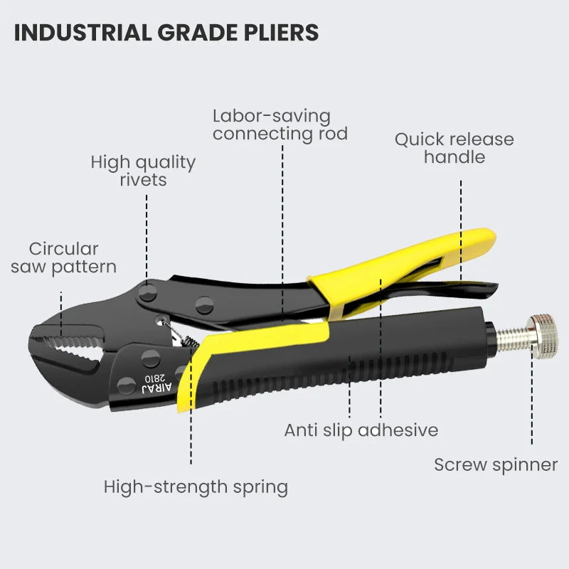 5 Pcs AIRAJ Locking Pliers Set Quick Release Curved Mouth Versatile Tool for Strong Clamping Twisting Metal Bend - Powerful Pliers for DIY And Professional Use