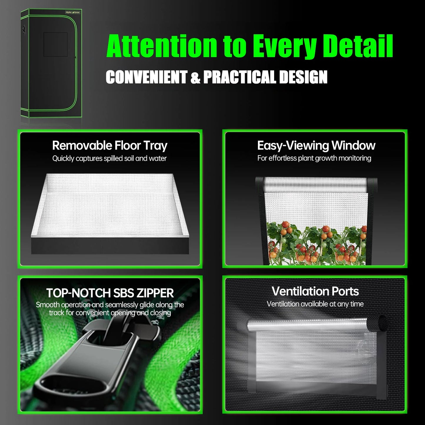 ALPHAGROW Grow Tents 2x2/3x3/4x2/4x4 Ft Compact - 100% Reflective 1680D Mylar Hydroponic System