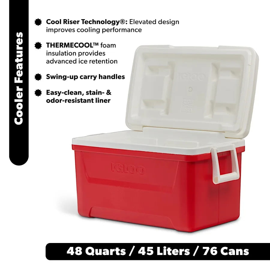48 QT Laguna Hard-Sided Ice Chest Cooler for Outdoor Camping, Picnics, Tailgating Durable Red Insulated Portable Cooler with He