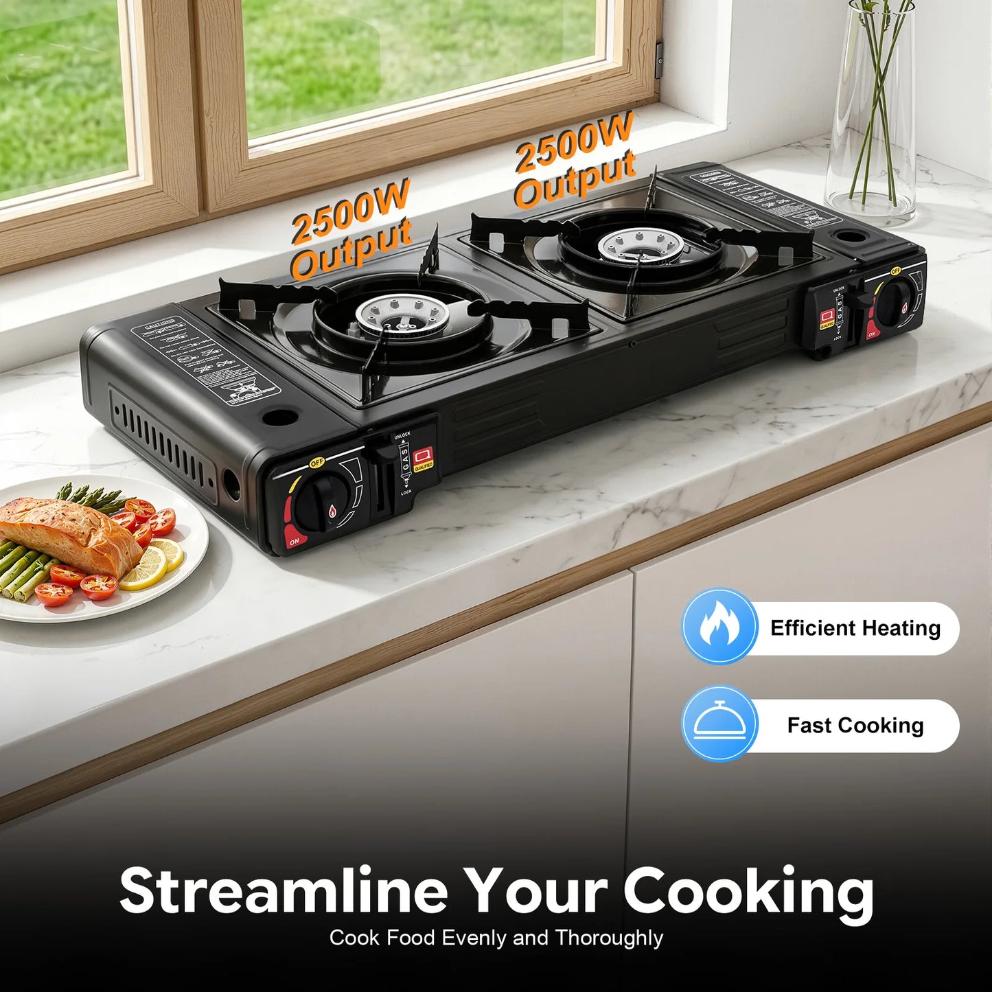 2 Burners Portable Camping Stove Set with Tray and Case Compact Outdoor Gas Cooker for Camping Picnic RV, Butane LPG Fuel