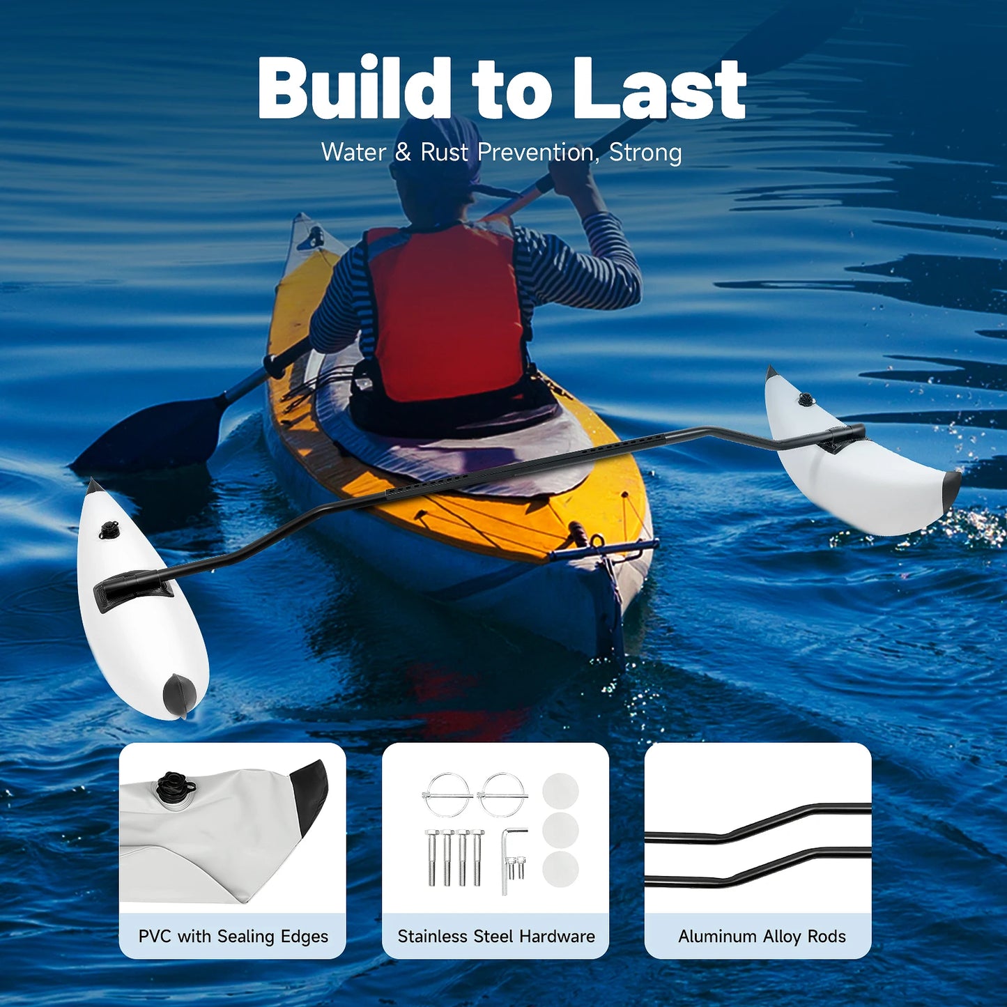 Whsiodj Inflatable Kayak Outrigger Stabilizer Set with Aluminum Pole Safety Outrigger for Kayak Canoe Boat Fishing Leisure