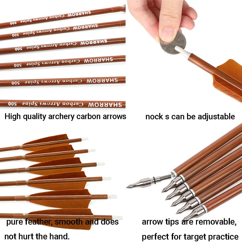 Archery Arrows 12pcs 31.5 Inch Spine 500 Mixed Carbon ID6.2mm Turkey Feathers for Recurve Bow Target Shooting Practice