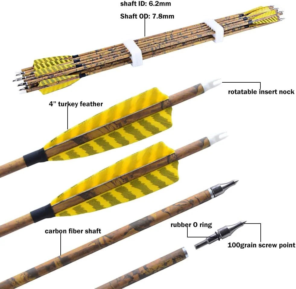 Mixed Carbon Arrows 31.5 Inch Spine 500 Camo Color ID6.2mm 100 Grain Tips with Turkey Feathers for Compound Recurve Bow Hunting Shooting