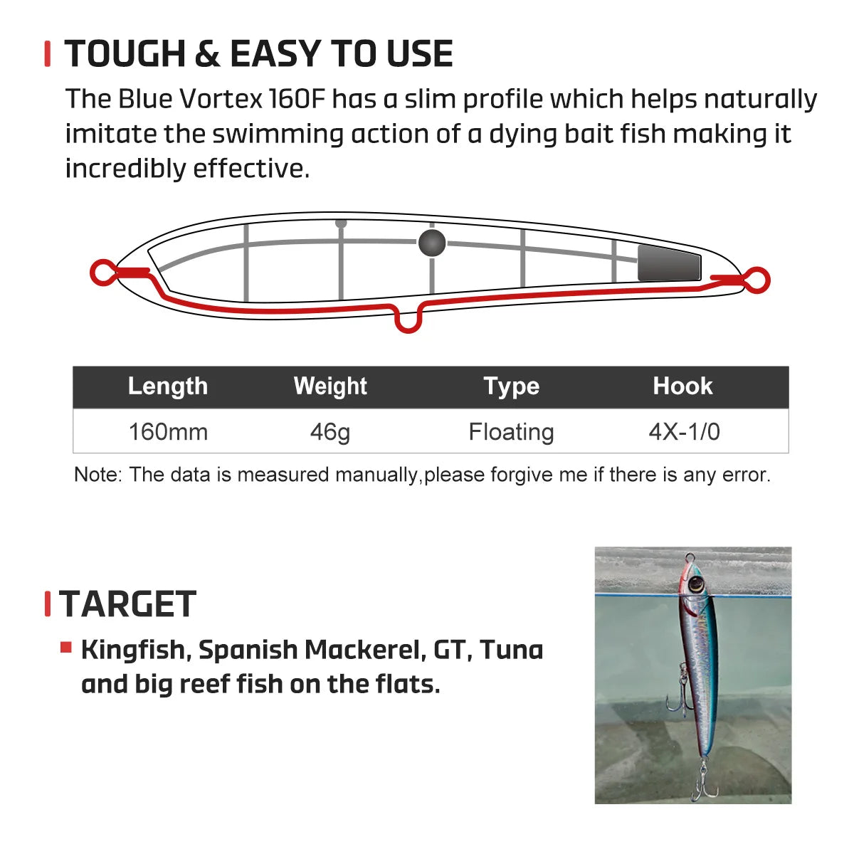 Noeby Blue Vortex Floating Stickbait Fishing Lure 160mm 46g Artificial Hard Bait for GT Tuna Kingfish Saltwater Fishing Lure