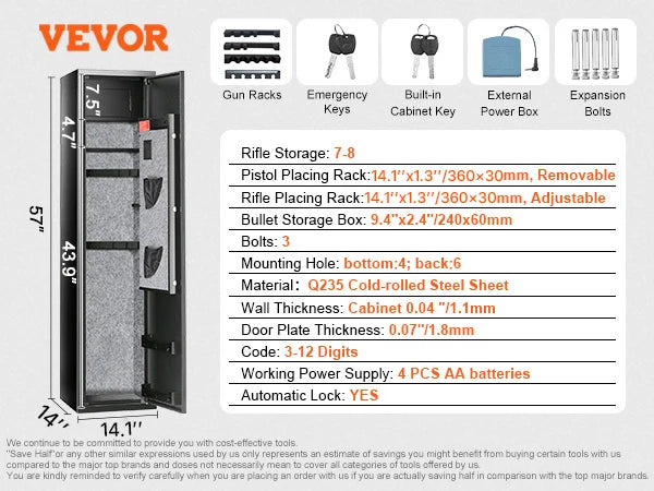 SucceBuy 3-8 Rifles Gun Safe w/ Digital Keypad & Lock Gun Storage Cabinet with Removable Storage Shelf for Home Long Gun Pistols