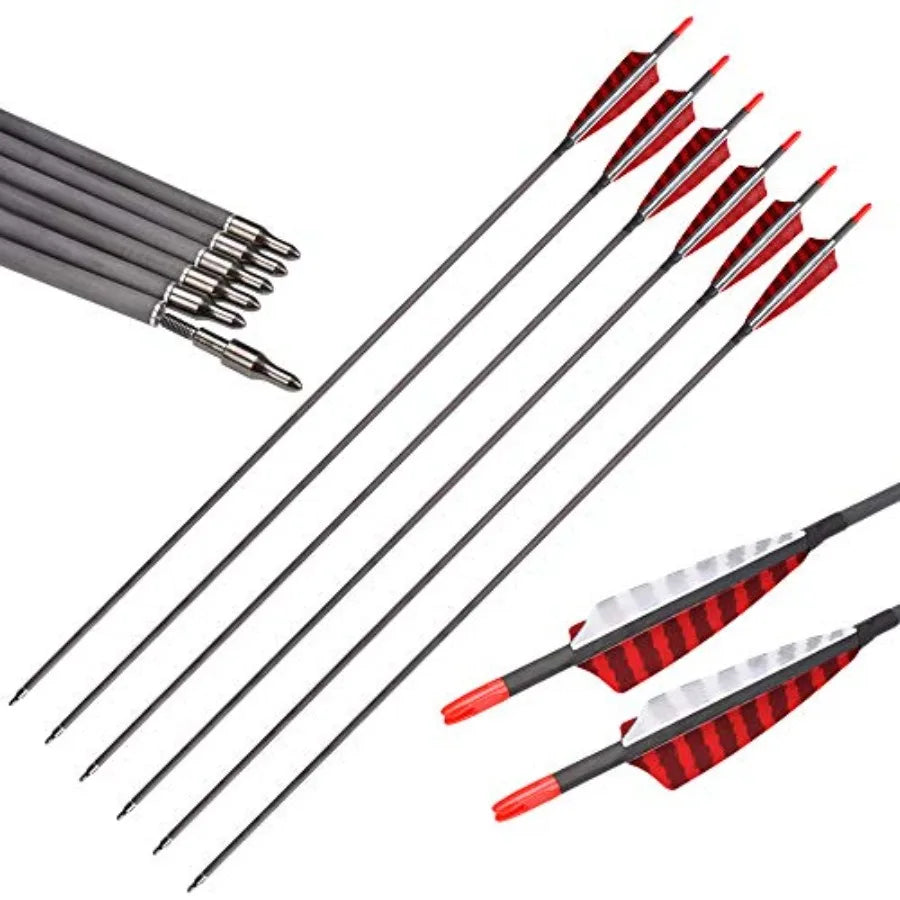Pure Carbon Arrows 600 700 Spine 30 Inch Turkey Feather Fletching Screw in Field Points Targeting Hunting for Traditional Long
