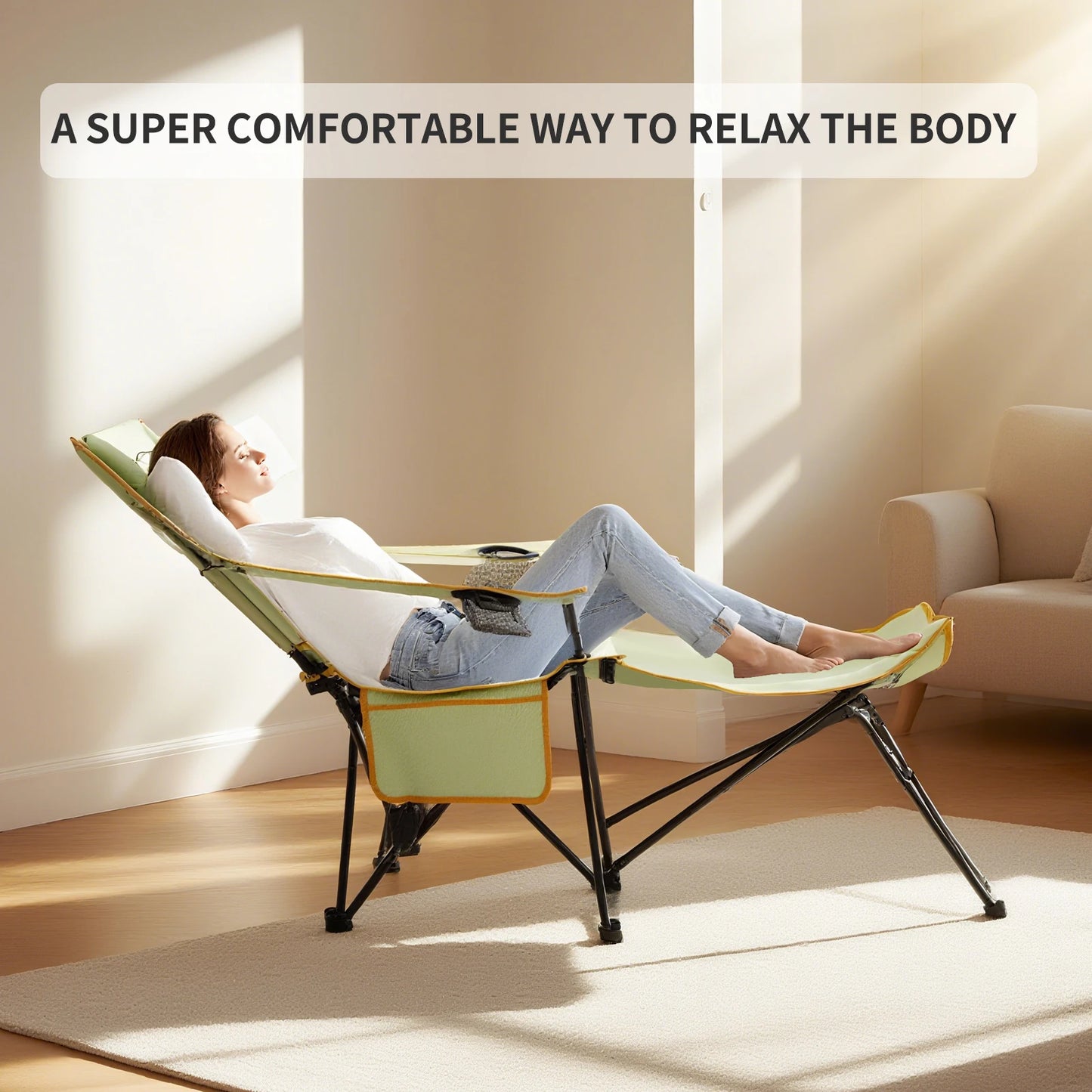 YOUNG WOOD 2-in-1 Reclining Camping Chair with Footrest, Foldable Outdoor Lounge Chair with Cup Holder & Headrest, Portable
