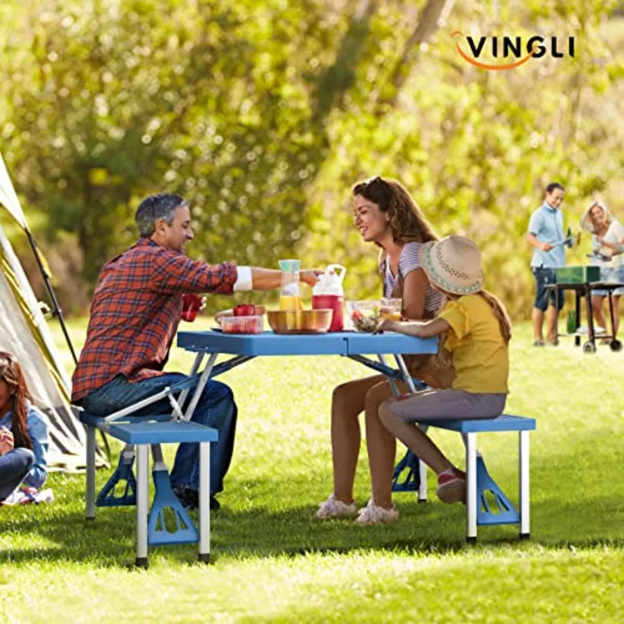 4 Ft Camping Picnic Table Set with 4 Seats, Umbrella Hole, Folding Lightweight Aluminum Frame Plastic Tabletop, Beige, 220 Lbs