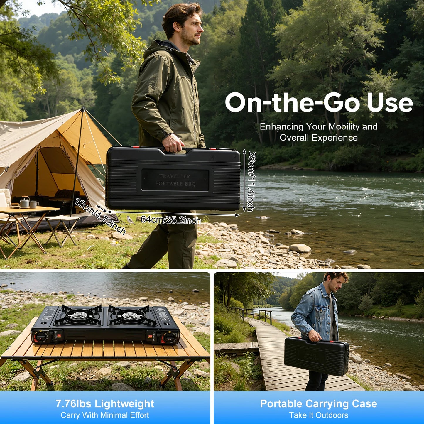 2 Burners Portable Camping Stove Set with Tray and Case Compact Outdoor Gas Cooker for Camping Picnic RV, Butane LPG Fuel