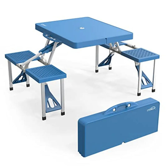 4 Ft Camping Picnic Table Set with 4 Seats, Umbrella Hole, Folding Lightweight Aluminum Frame Plastic Tabletop, Beige, 220 Lbs