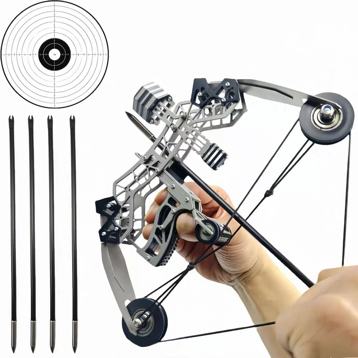 Mini Compound Bow Toy Indoor and Outdoor Shooting Archery Hunting Pulley Decompression Bow and 4 Arrows 304 Stainless Steel