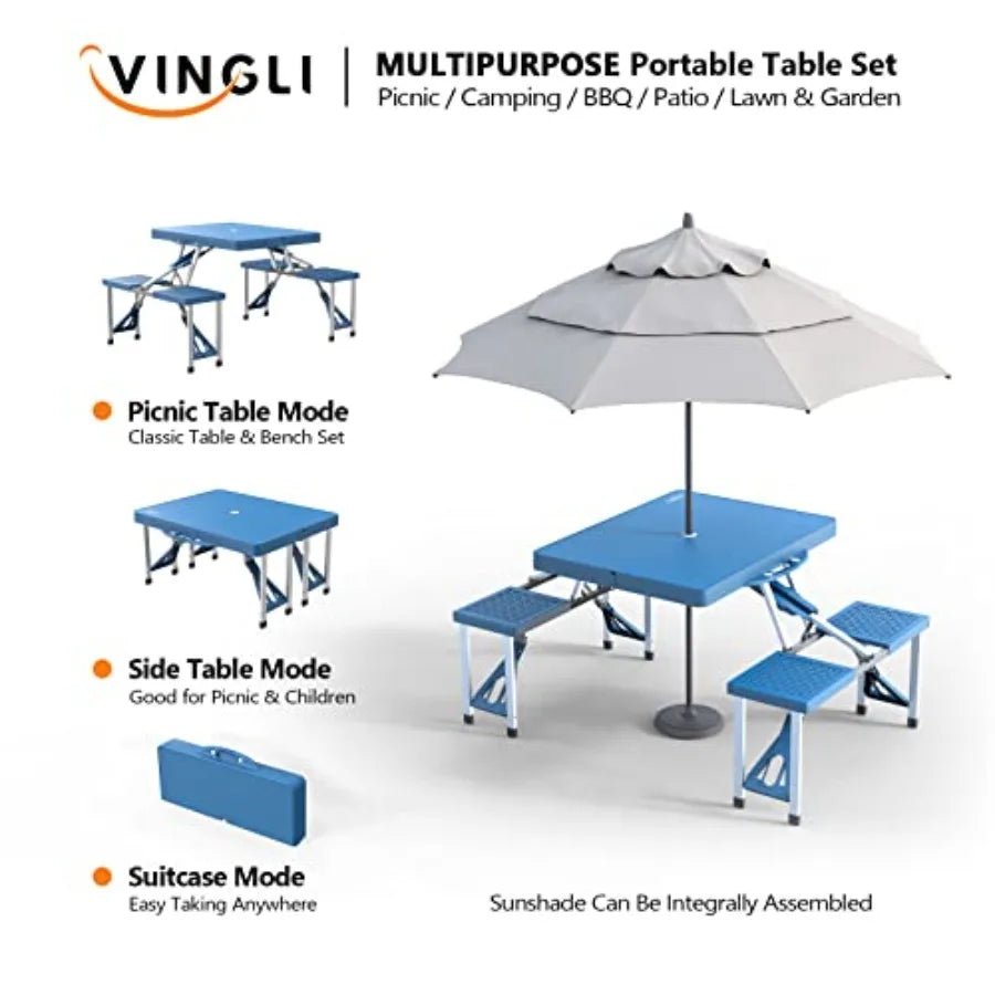4 Ft Camping Picnic Table Set with 4 Seats, Umbrella Hole, Folding Lightweight Aluminum Frame Plastic Tabletop, Beige, 220 Lbs