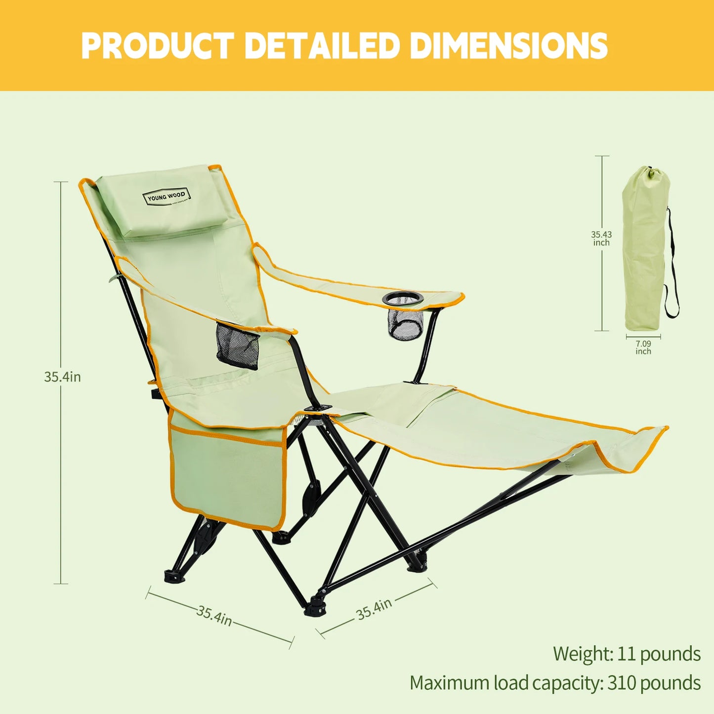 YOUNG WOOD 2-in-1 Reclining Camping Chair with Footrest, Foldable Outdoor Lounge Chair with Cup Holder & Headrest, Portable