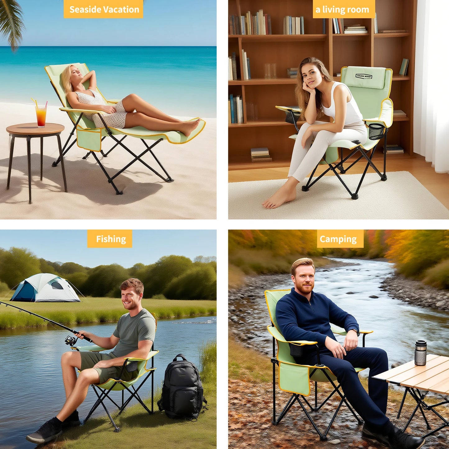 YOUNG WOOD 2-in-1 Reclining Camping Chair with Footrest, Foldable Outdoor Lounge Chair with Cup Holder & Headrest, Portable