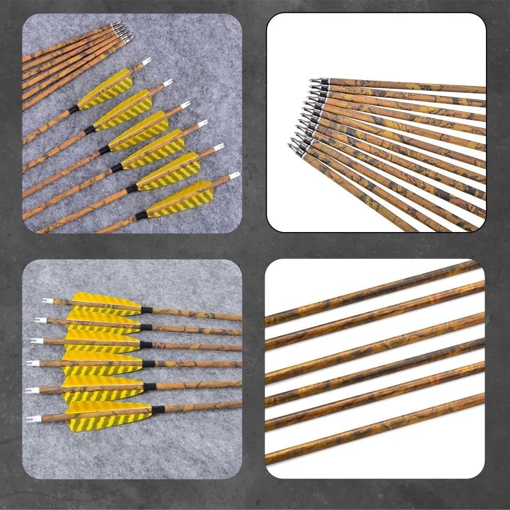 Mixed Carbon Arrows 31.5 Inch Spine 500 Camo Color ID6.2mm 100 Grain Tips with Turkey Feathers for Compound Recurve Bow Hunting Shooting
