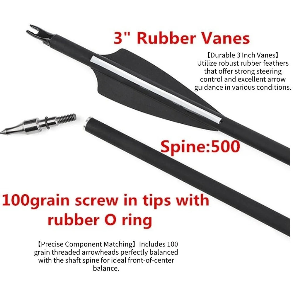 Mixed Carbon Arrows 12pcs 30/31.7 Inch Spine 500 with 3" Rubber Vanes 100 Grain Tips for Compound Recurve Bow Hunting Shooting Practice