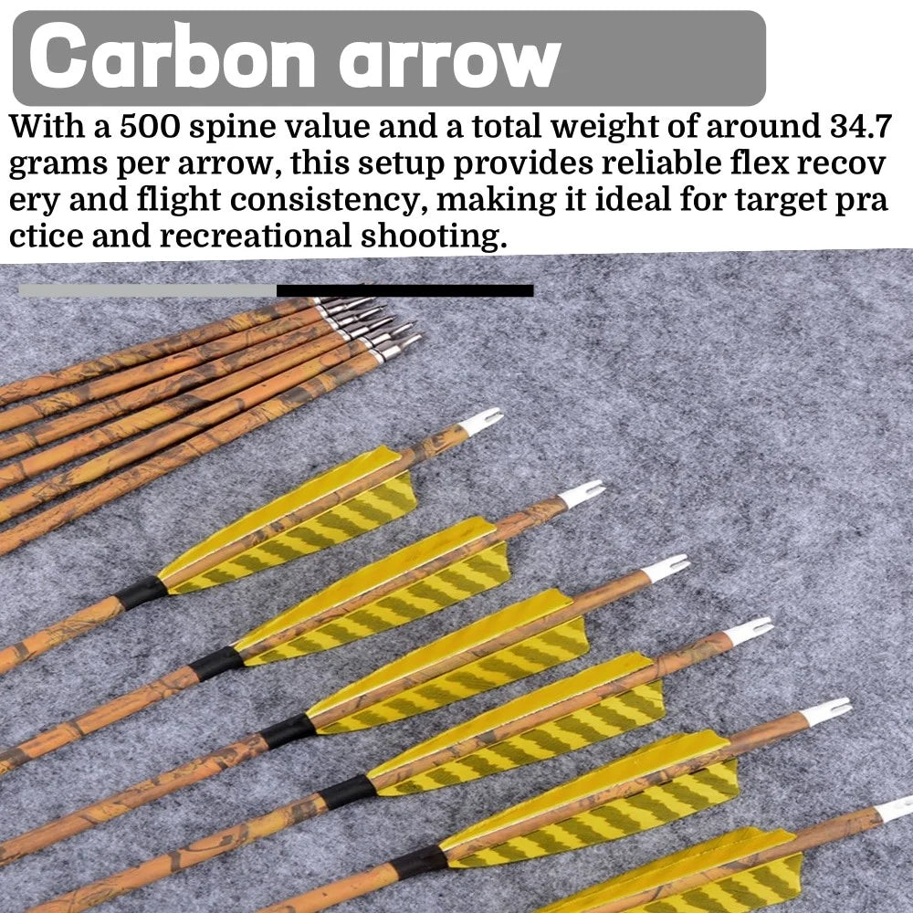 Mixed Carbon Arrows 31.5 Inch Spine 500 Camo Color ID6.2mm 100 Grain Tips with Turkey Feathers for Compound Recurve Bow Hunting Shooting