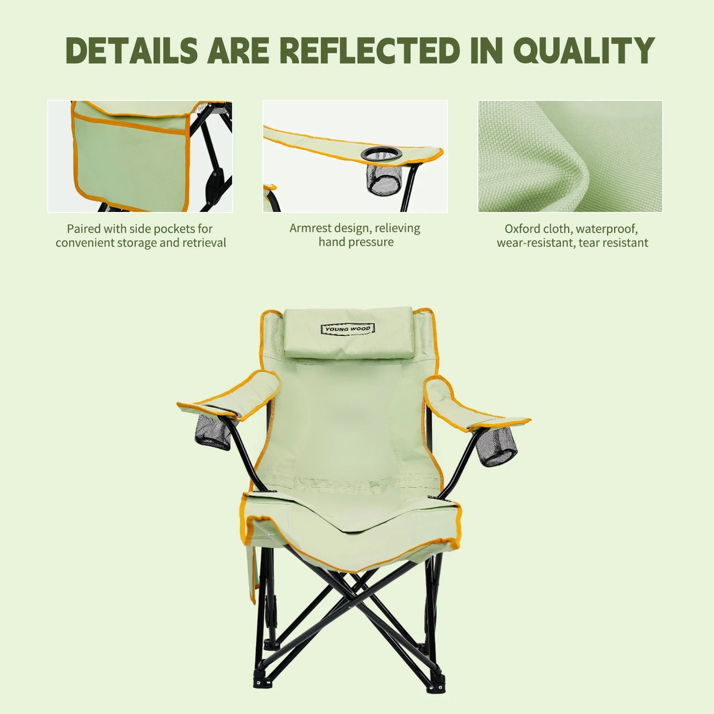 YOUNG WOOD 2-in-1 Reclining Camping Chair with Footrest, Foldable Outdoor Lounge Chair with Cup Holder & Headrest, Portable