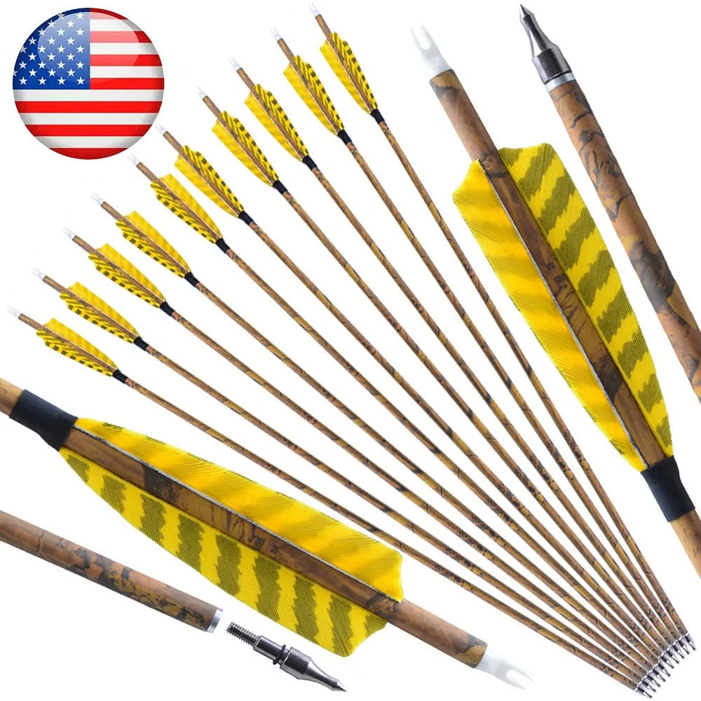 Mixed Carbon Arrows 31.5 Inch Spine 500 Camo Color ID6.2mm 100 Grain Tips with Turkey Feathers for Compound Recurve Bow Hunting Shooting
