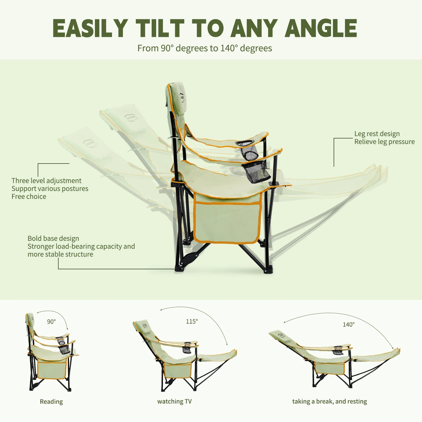 YOUNG WOOD 2-in-1 Reclining Camping Chair with Footrest, Foldable Outdoor Lounge Chair with Cup Holder & Headrest, Portable
