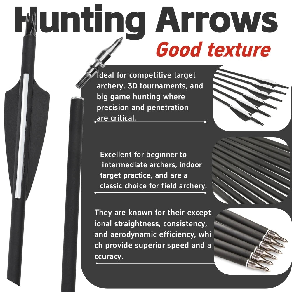 Mixed Carbon Arrows 12pcs 30/31.7 Inch Spine 500 with 3" Rubber Vanes 100 Grain Tips for Compound Recurve Bow Hunting Shooting Practice