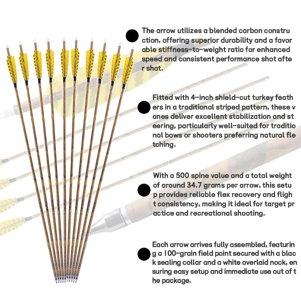 Mixed Carbon Arrows 31.5 Inch Spine 500 Camo Color ID6.2mm 100 Grain Tips with Turkey Feathers for Compound Recurve Bow Hunting Shooting