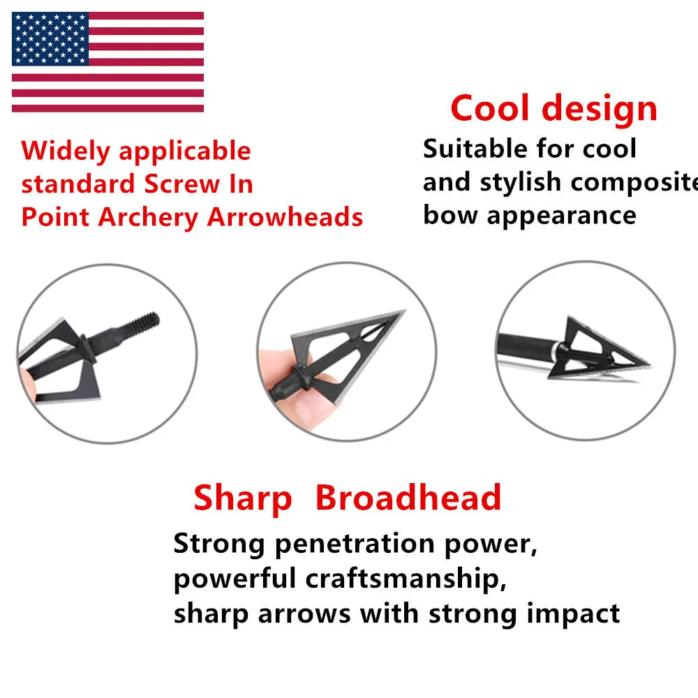 Broadhead Arrowheads 12pcs 100Grain 3 Fixed Blades Stainless Steel Sharp Screw-in Tips for DIY Arrow Shaft Compound Recurve Bow Hunting Shooting Target Practice Durable Corrosion-Resistant Archery Accessories