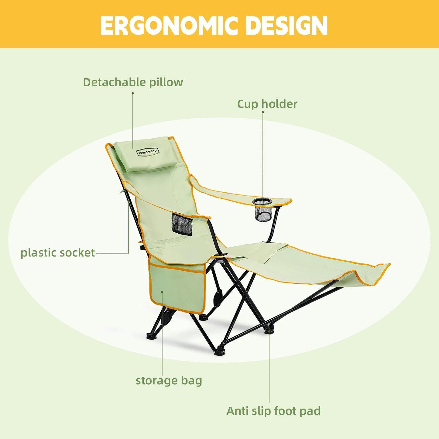 YOUNG WOOD 2-in-1 Reclining Camping Chair with Footrest, Foldable Outdoor Lounge Chair with Cup Holder & Headrest, Portable