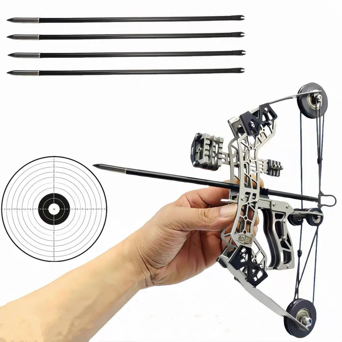 Mini Compound Bow Toy Indoor and Outdoor Shooting Archery Hunting Pulley Decompression Bow and 4 Arrows 304 Stainless Steel