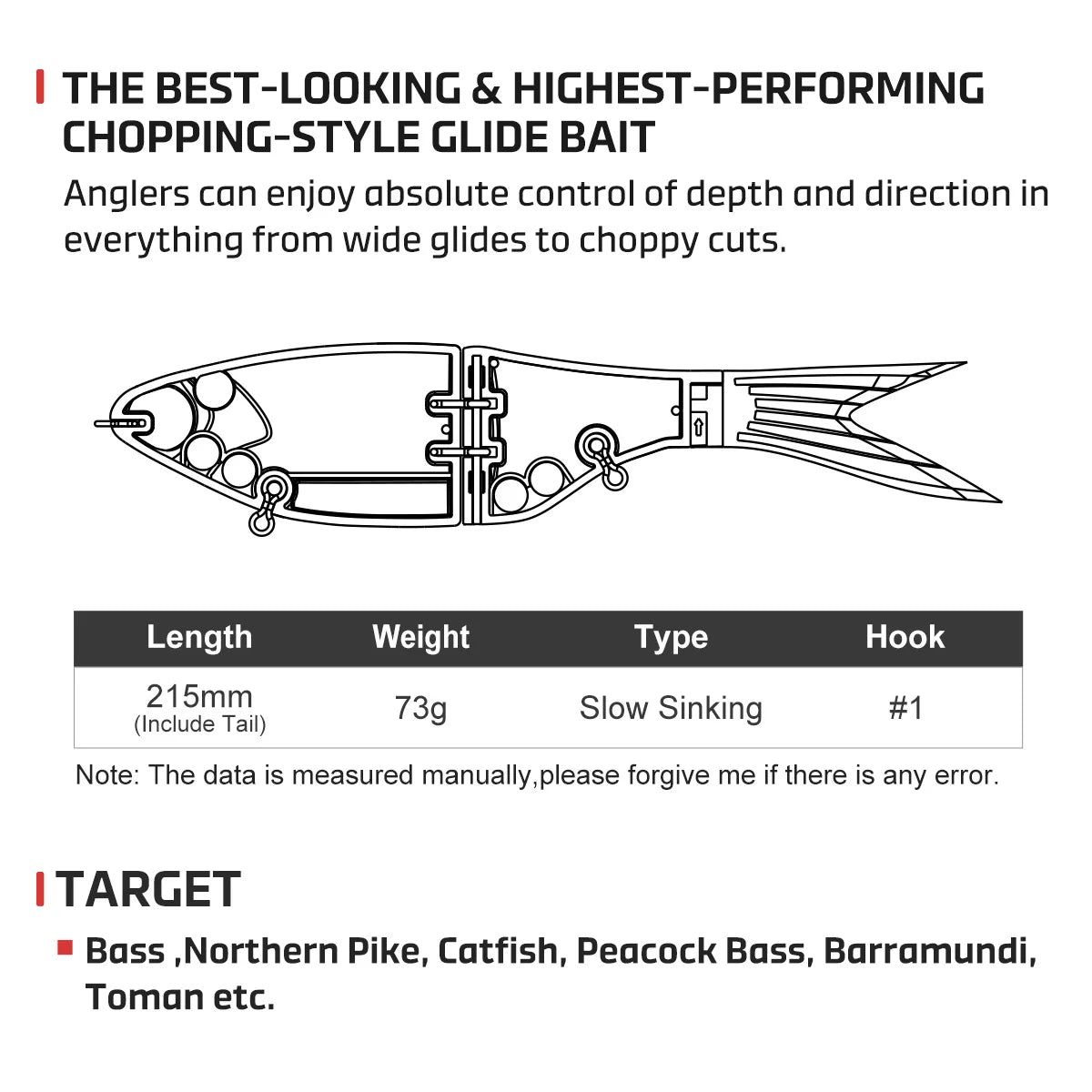 NOEBY AMATA Shad Glide Swimbait 215mm 73g Slow Sinking Joint Bait Bass Pike Catfish Hard Bait Freshwater Saltwater Fishing Lures
