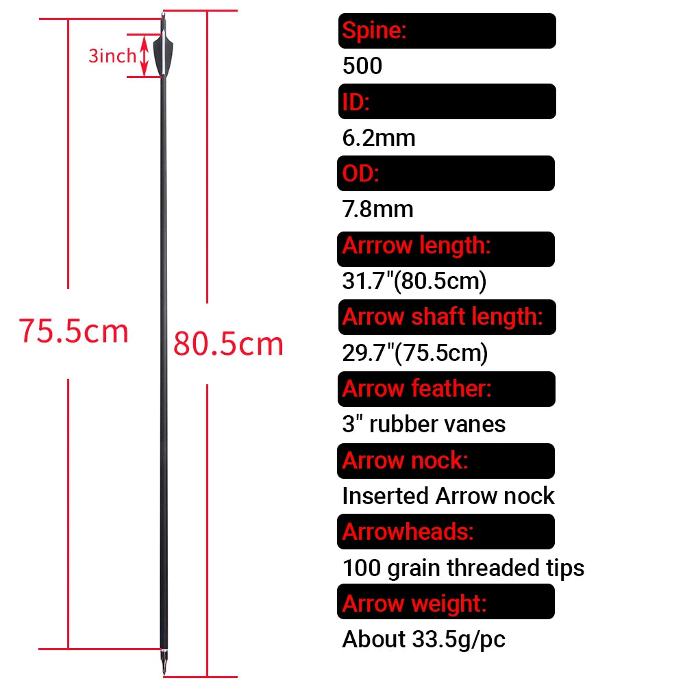Mixed Carbon Arrows 12pcs 30/31.7 Inch Spine 500 with 3" Rubber Vanes 100 Grain Tips for Compound Recurve Bow Hunting Shooting Practice